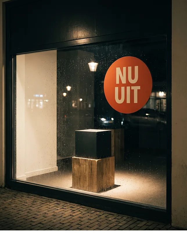Winkeletalage bij nacht: achter het beregende glas staat één zwarte doos zonder merk op een houten sokkel onder een spotlight, met op de ruit een grote oranjerode sticker met de woorden NU UIT.