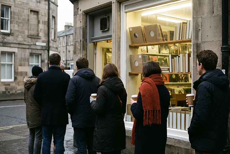 Een kleine rij mensen, van achteren gezien en met koffiebekers, wacht op een grijze ochtend voor de verlichte etalage van een winkel vol platen en boeken; een van hen draagt een oranje sjaal.