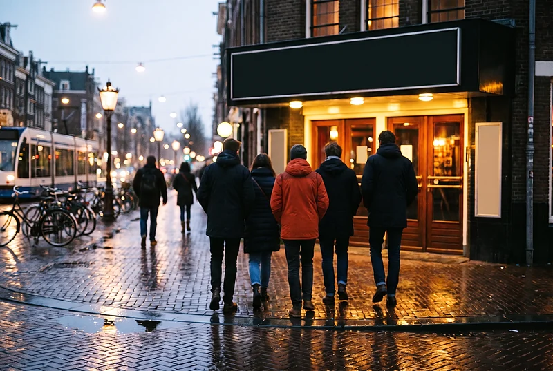 Een groep vrienden, van achteren gezien, loopt in de avond over natte klinkers naar de verlichte ingang van een zaal; links rijdt een tram tussen fietsen en straatlantaarns.