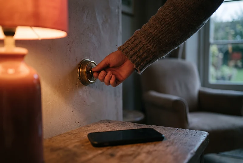 Een hand draait in een schemerige woonkamer een koperen lichtschakelaar om; op het houten bijzettafeltje ligt een telefoon met het scherm naar beneden, naast een lamp met oranje kap.